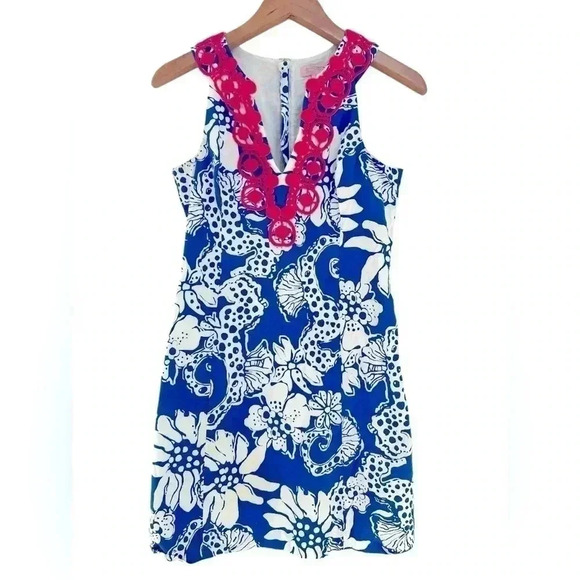 Lilly Pulitzer Augusta Shift Dress Deep Sea Blue Quahog Chowdah Lace Trim - Picture 1 of 7
